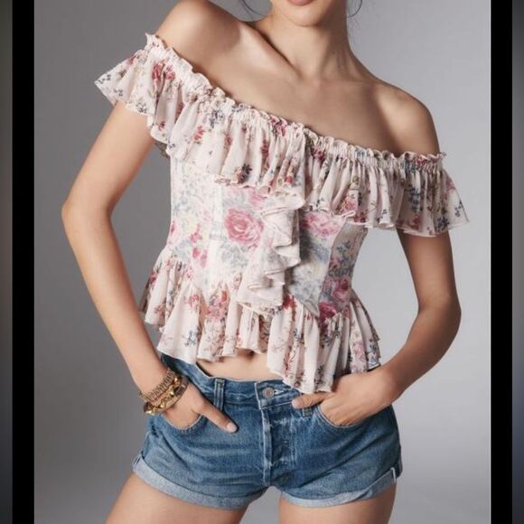 Anthropologie Off-the-Shoulder Floral Mesh Top - Picture 1 of 5